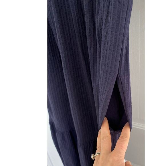 BODEN Navy Blue Jersey Seersucker Puff Sleeve V-Neck Cotton Midi Dress - Picture 10 of 11